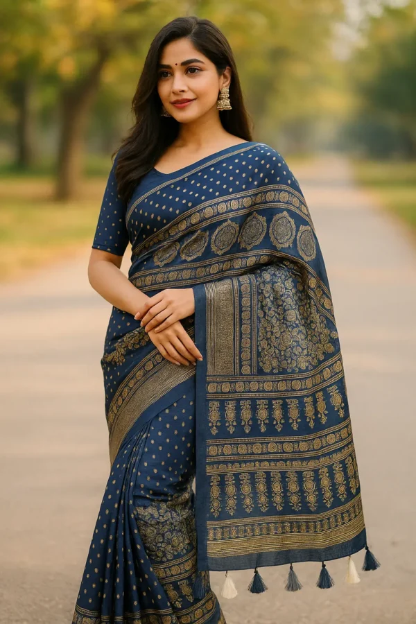 Royal Navy Blue Woven Saree with Gold Buta & Pallu Tassels