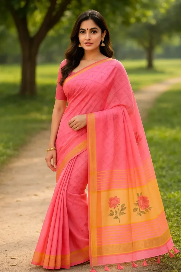 Pink Floral Saree with Yellow Pallu & Tassel Detail