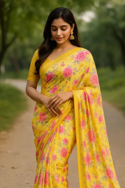 SRE-8 Sunshine Yellow Floral Printed Saree with Pink Rose Motifs