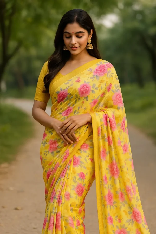 Sunshine Yellow Floral Printed Saree with Pink Rose Motifs