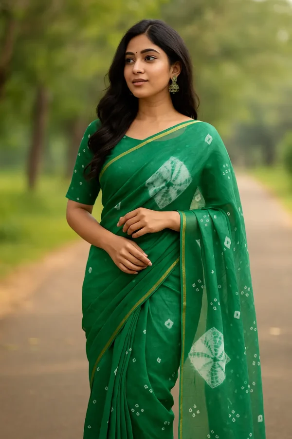 Classic Green Bandhani Print Saree with Subtle Golden Border