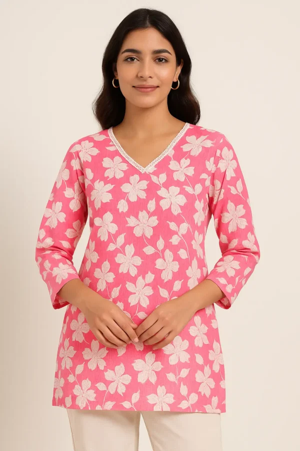 Pink Floral Embroidered V-Neck Cotton Short Kurta