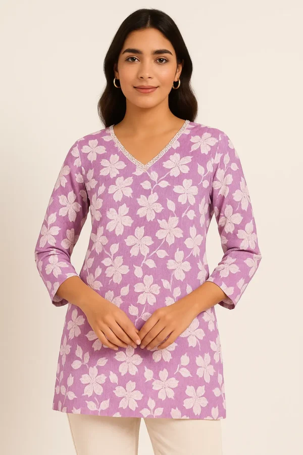 Lavender Floral Embroidered V-Neck Cotton Short Kurta