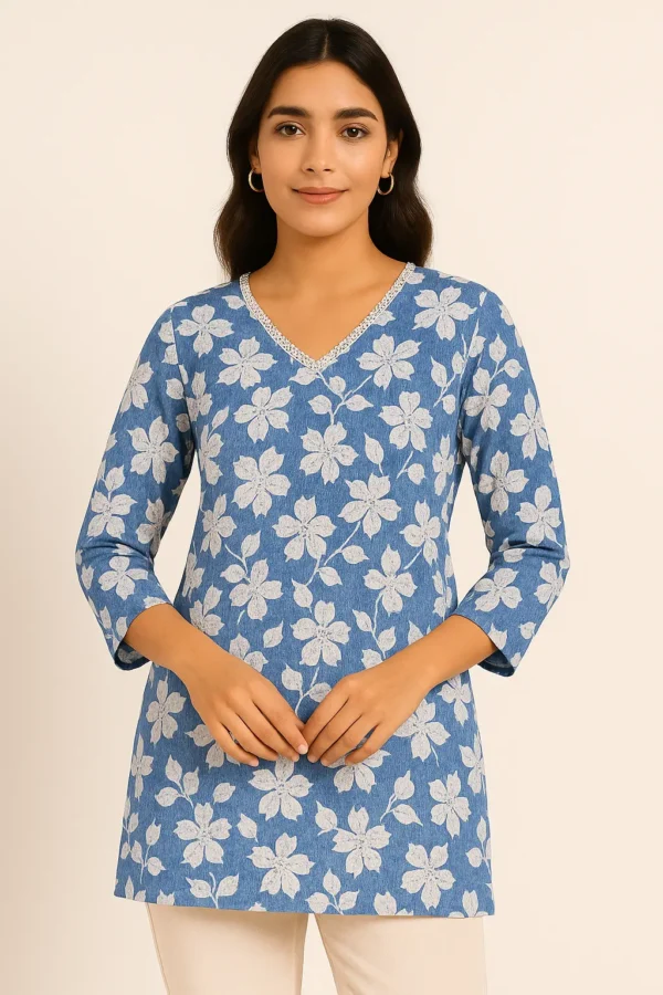 Blue Floral Embroidered V-Neck Cotton Short Kurta