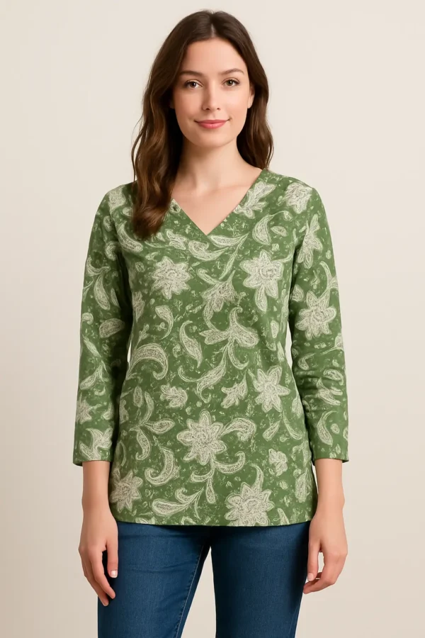 Olive Green Paisley Printed V-Neck Cotton Short Kurta