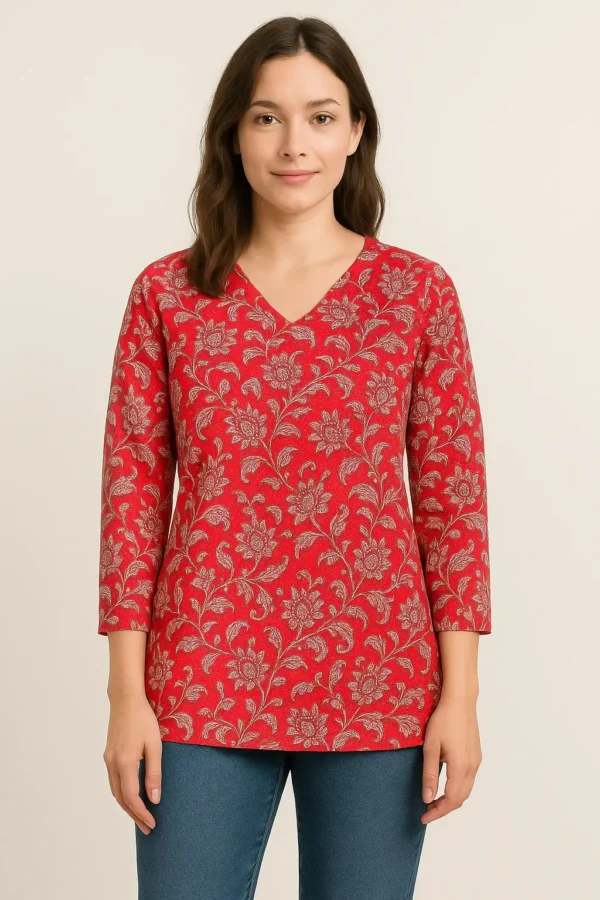 Red Paisley Printed V-Neck Cotton Short Kurta