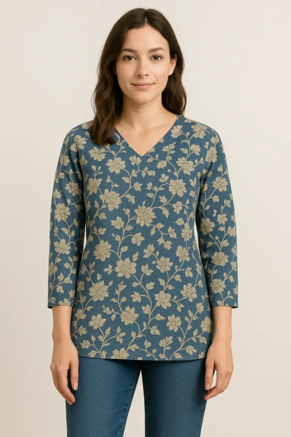 Teal Blue Floral Printed V-Neck Cotton Short Kurta
