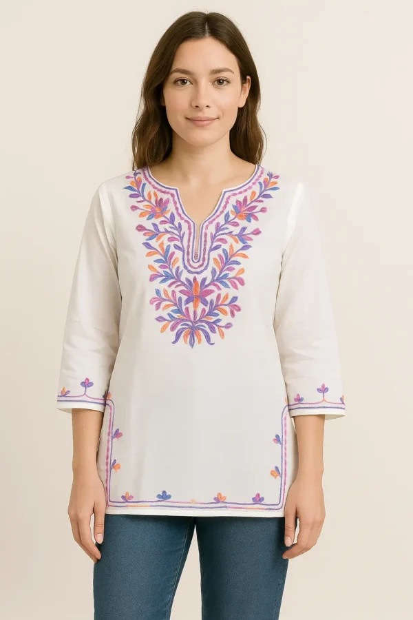 Off-White Multicolor Embroidered Cotton Short Kurta