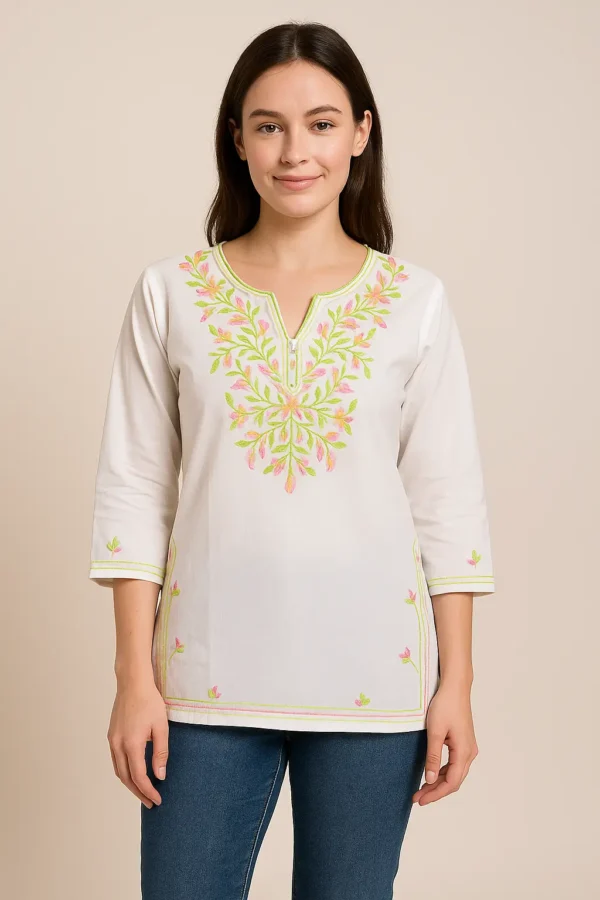 Off-White Pink & Green Embroidered Cotton Short Kurta