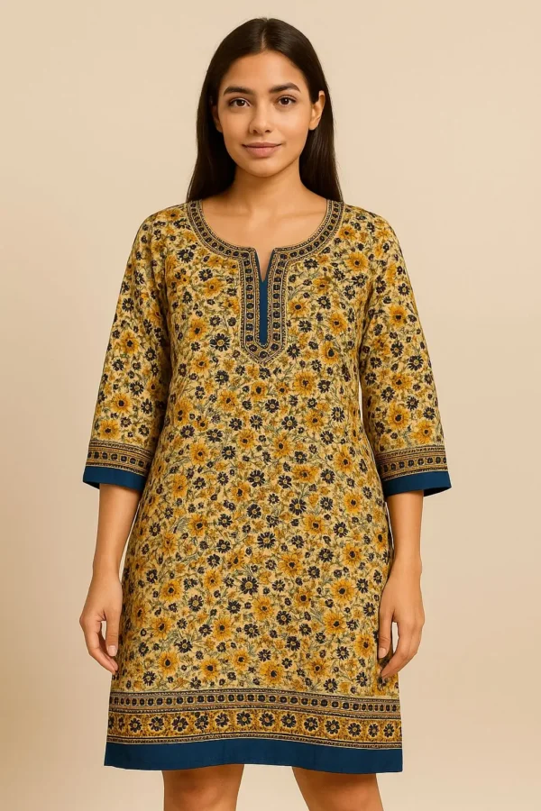 Mustard Floral Printed Short Kurta with Blue Border