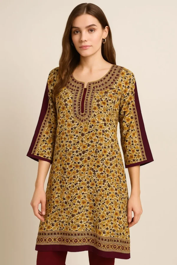 Mustard Floral Printed Short Kurta with Maroon Panels