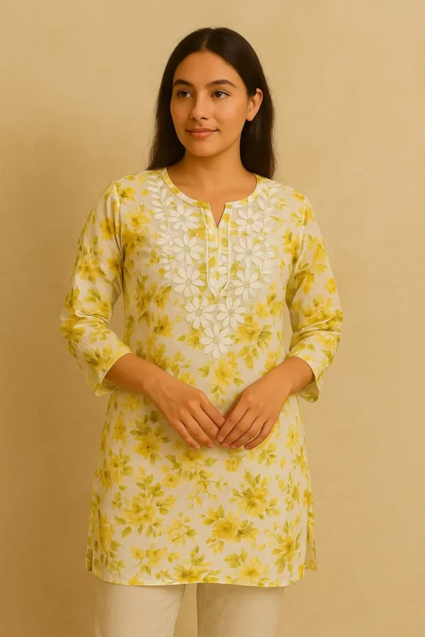 Yellow Floral Embroidered Short Kurta with Sleeves