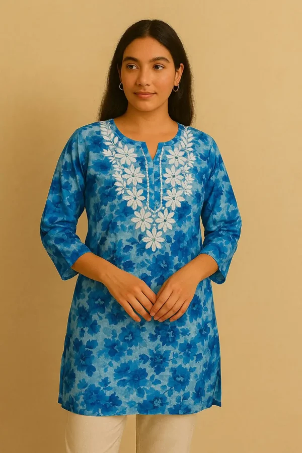 Blue Floral Embroidered Short Kurta with Sleeves