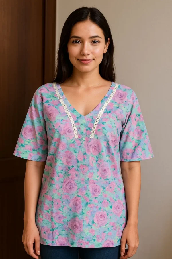 Lilac & Teal Floral Print V-Neck Short Kurta