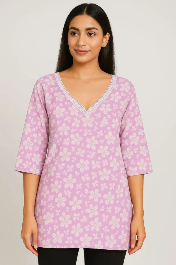 Lavender Floral Printed V-Neck Short Kurta