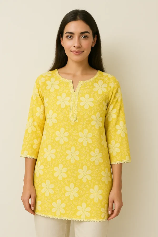 Sunshine Yellow Floral Cotton Short Kurta