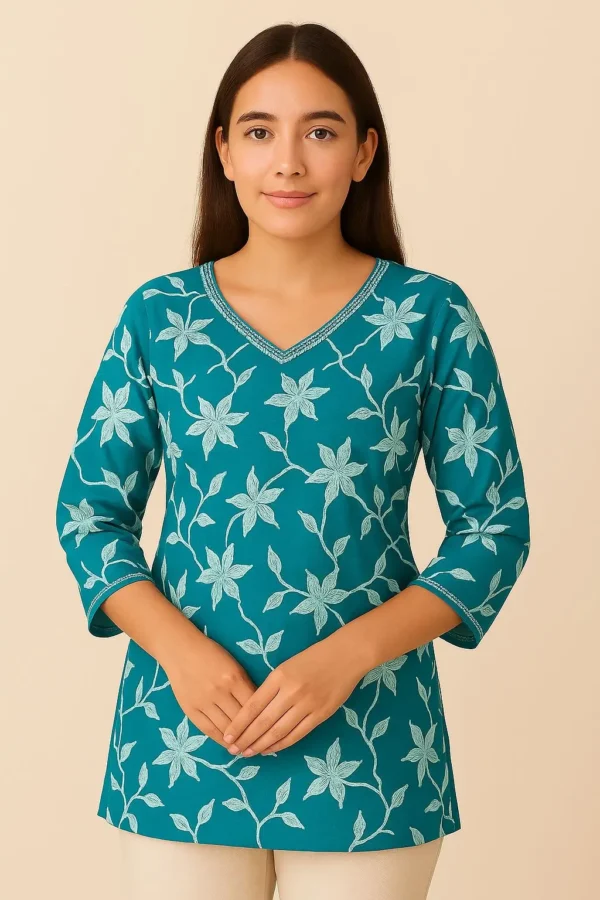 Teal Green Floral Embroidered V-Neck Short Kurta
