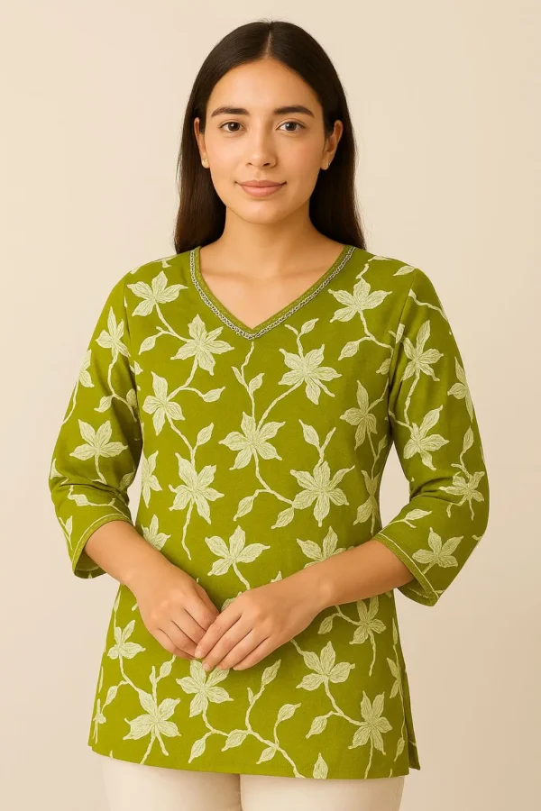 Olive Green Floral Embroidered V-Neck Short Kurta