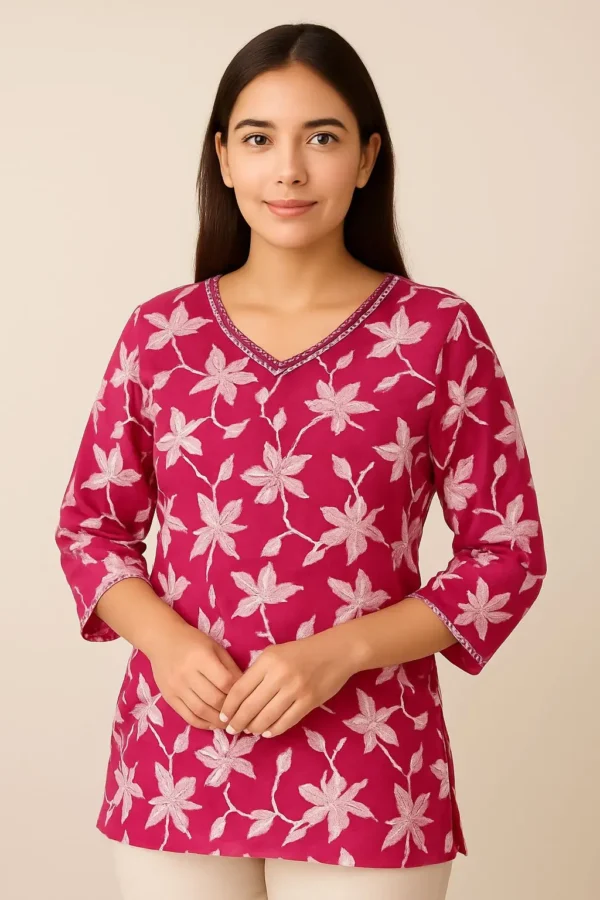 Rani Pink Floral Embroidered V-Neck Short Kurta