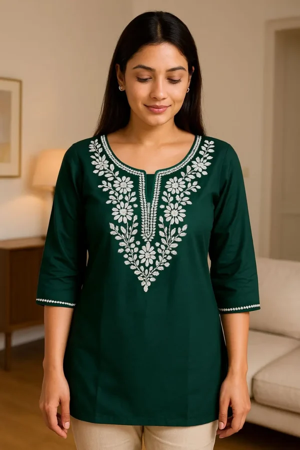 Bottle Green Embroidered Floral Short Kurta