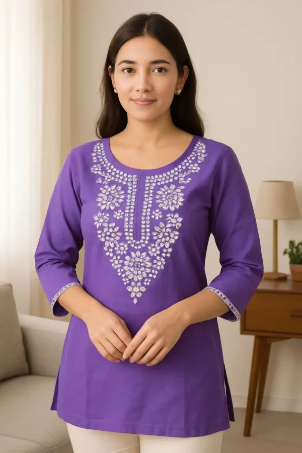 Purple Floral Embroidered Short Kurta