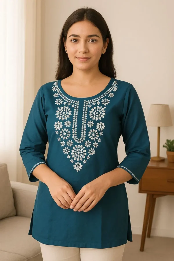 Teal Blue Embroidered Cotton Short Kurta