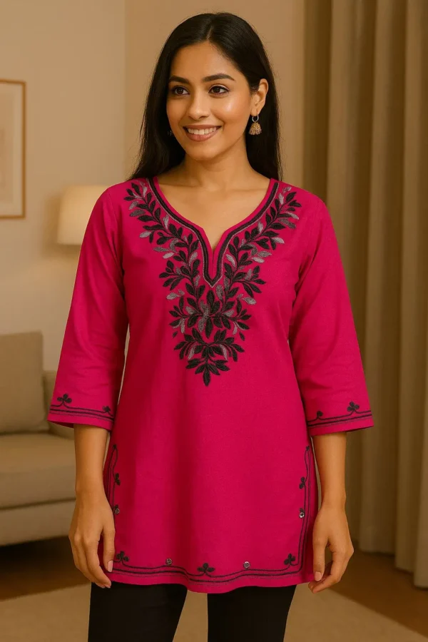 Magenta Pink Short Kurta with Black Thread Embroidery