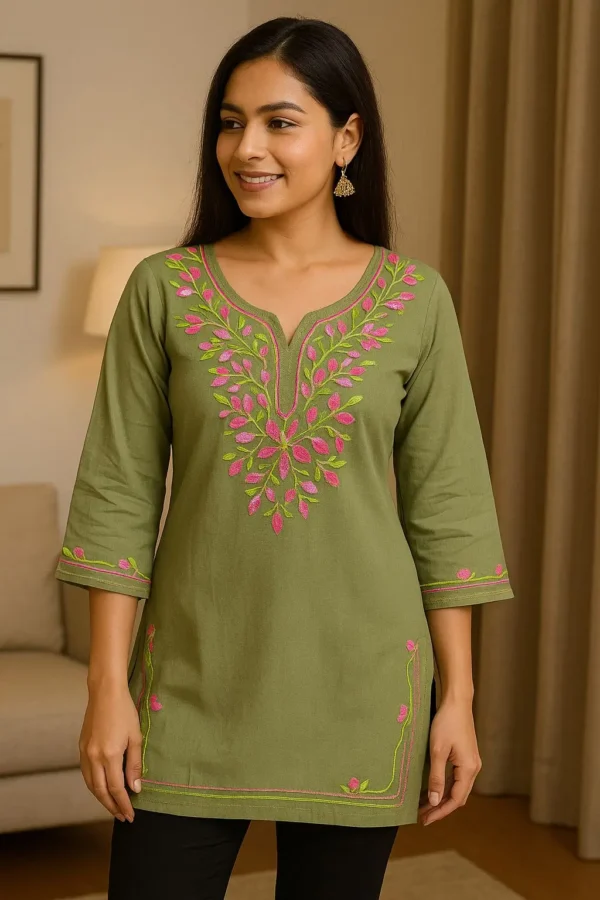 Olive Green Short Kurta with Pink & Green Floral Embroidery