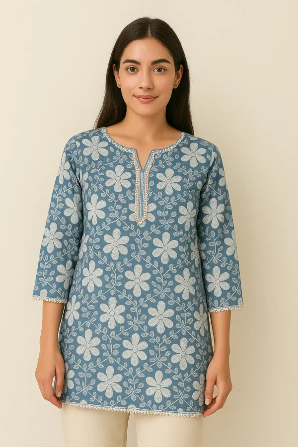 Blue Floral Embroidered Cotton Short Kurta