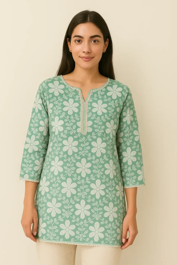 Mint Green Floral Embroidered Cotton Short Kurta