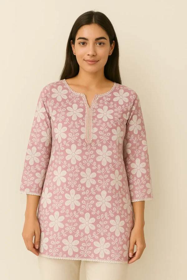 Blush Pink Floral Embroidered Cotton Short Kurta