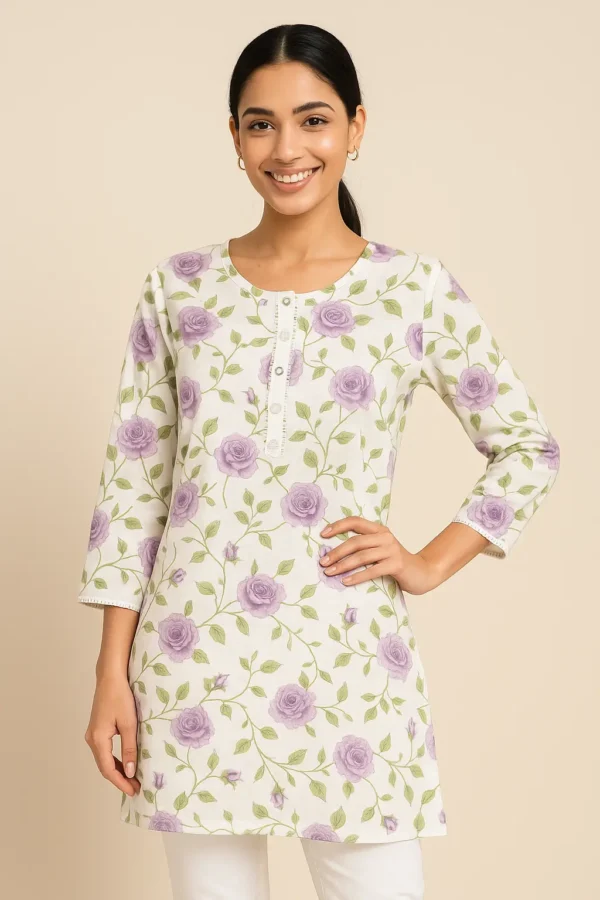 Ivory & Lavender Rose Printed Cotton Short Kurta