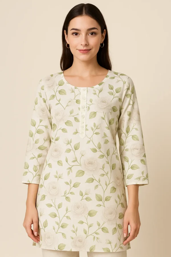 Ivory & Sage Green Rose Printed Cotton Short Kurta