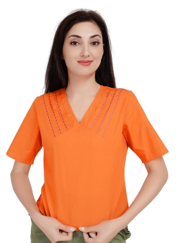 Embroidered Yoke Orange V-Neck Cotton Top