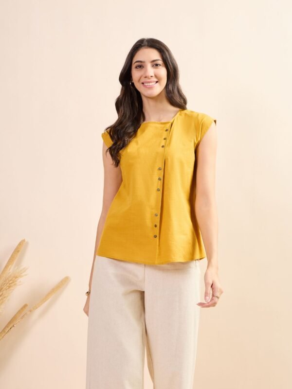 Mustard Cap Sleeve Cotton Top with Asymmetric Button Detail