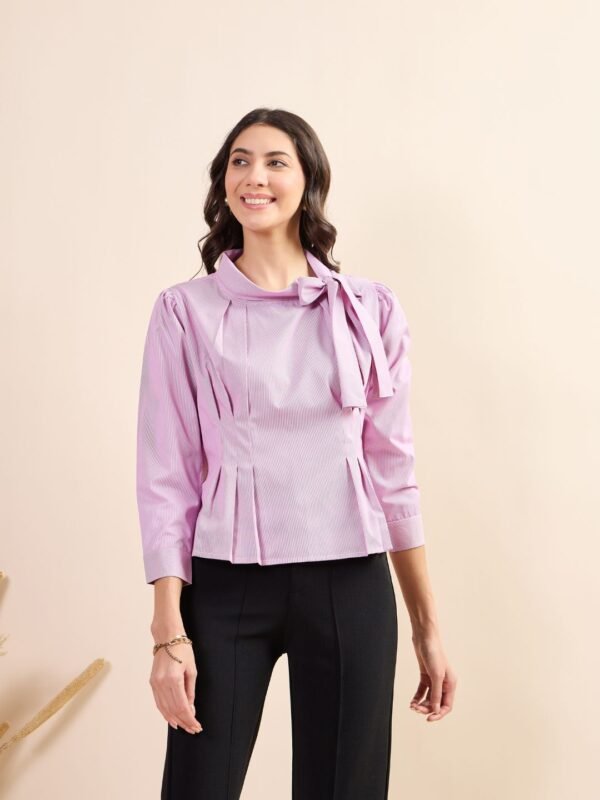 Lavender Striped Bow-Neck Pleated Formal Top