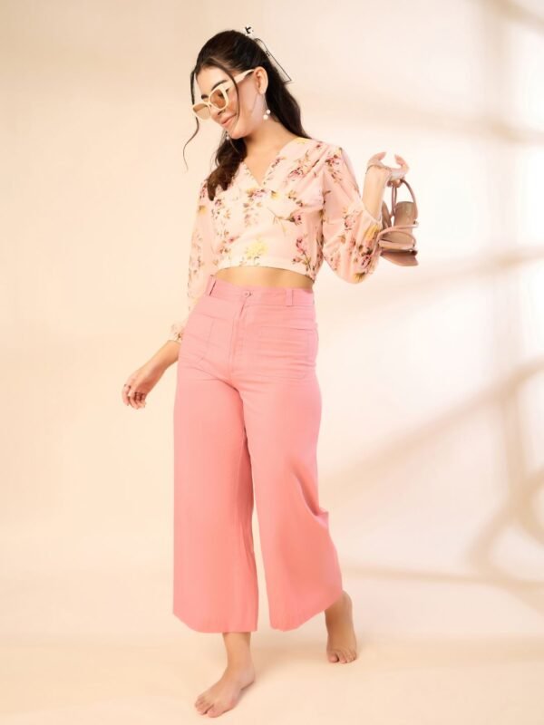Peach Floral Print Sheer V-Neck Crop Top