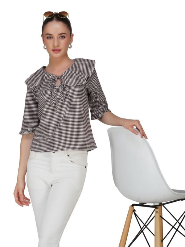 Brown & White Gingham Frill Collar Top