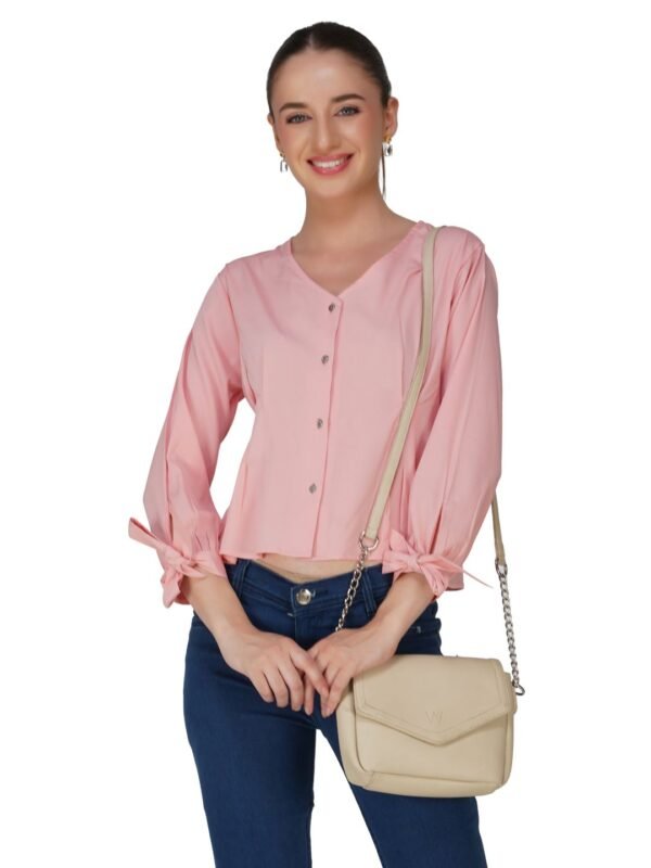 Pink Tie-Sleeve Button-Down Crop Top