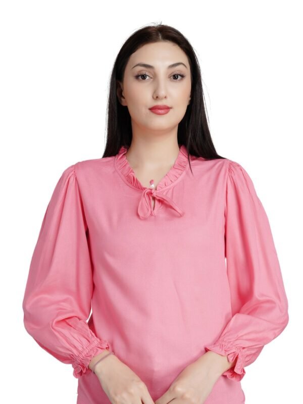 Pink Gathered Sleeve Top with Tie-Neck