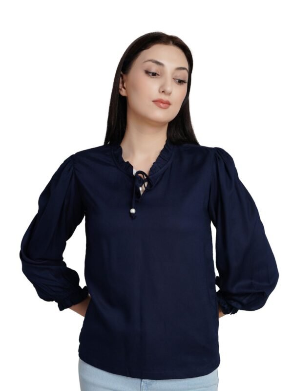 Navy Blue Gathered Sleeve Tie-Neck Top