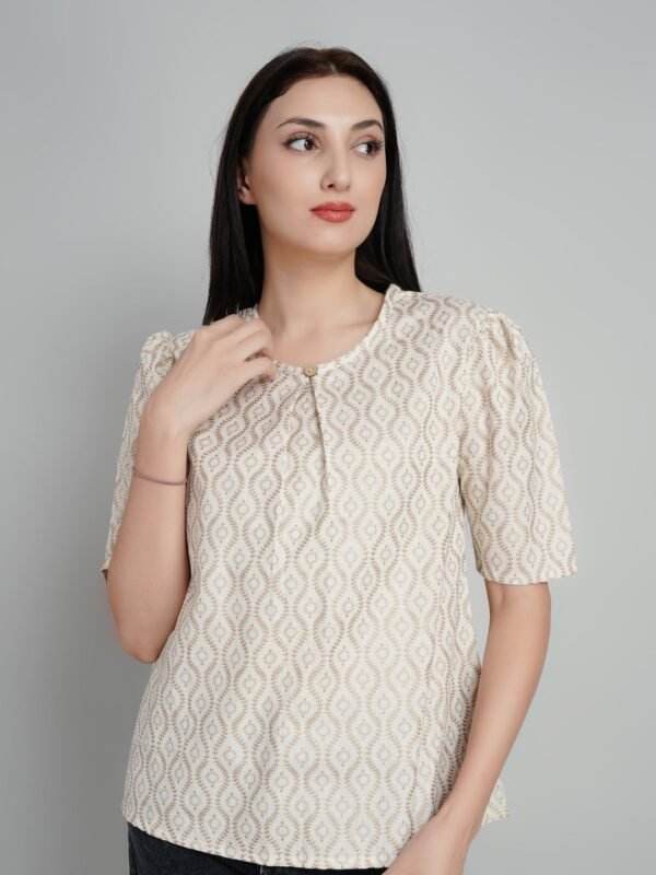 Beige Jacquard Printed Cotton Top with Button Detail
