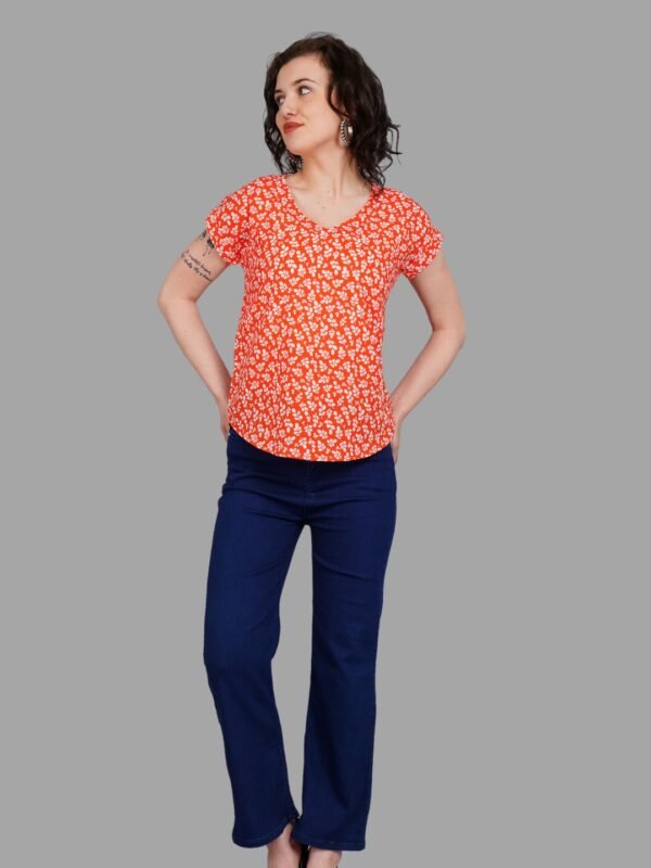 Red Floral V-Neck Short Sleeve Top
