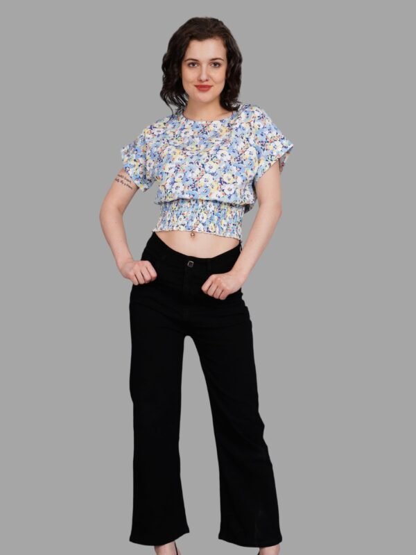Blue Floral Smocked Hem Crop Top