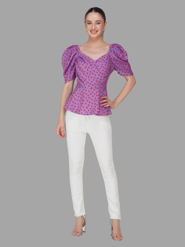 Lavender Puff Sleeve Peplum Top with Red Heart Print