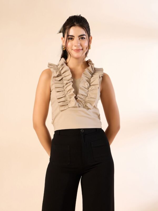 Beige Sleeveless Ruffle Neck Top