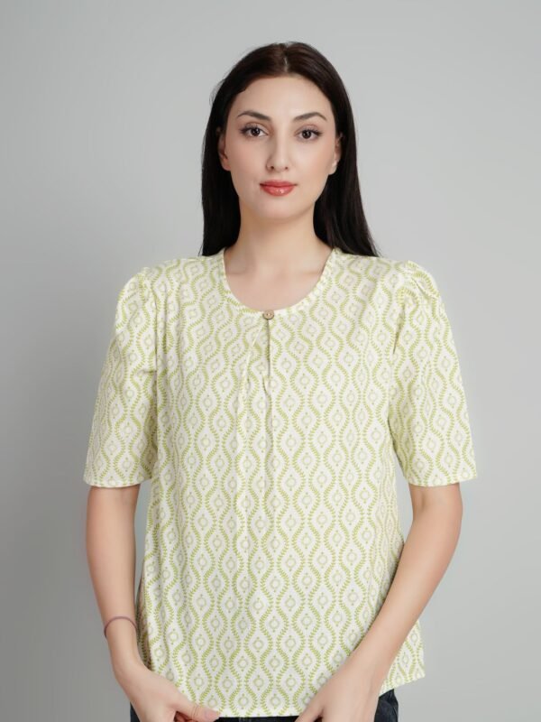 Light Green Ikat Print Cotton Top