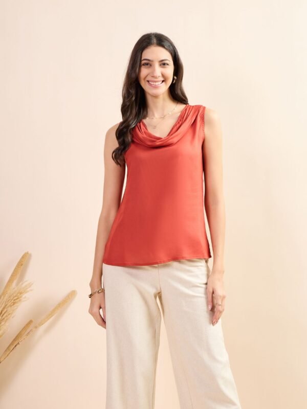 Rust Satin Cowl Neck Sleeveless Top
