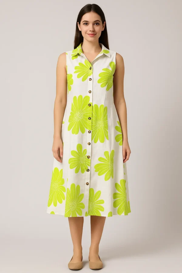 White Sleeveless Shirt Dress with Lime Green Floral Print