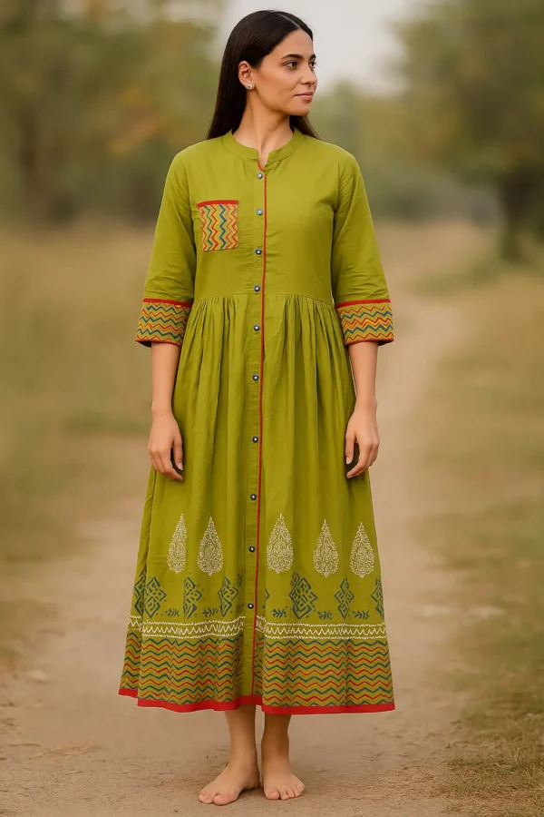 Olive Green Printed Ethnic Midi Kurta Dress